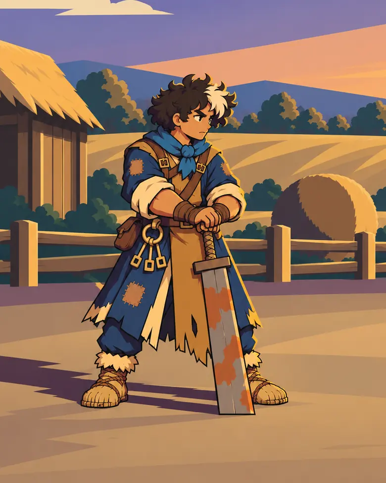 Ploughblade key art: a young hero resting both hands on a large rusted sword in front of a barn at dusk.